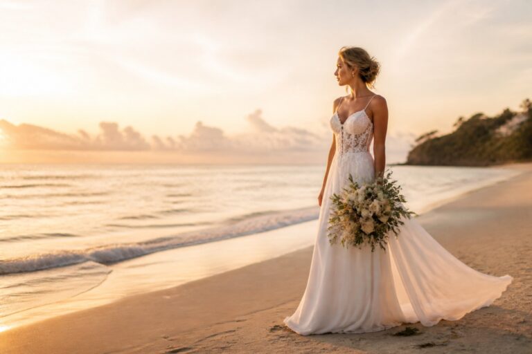 Beach bridal dresses on a golden hour shoreline