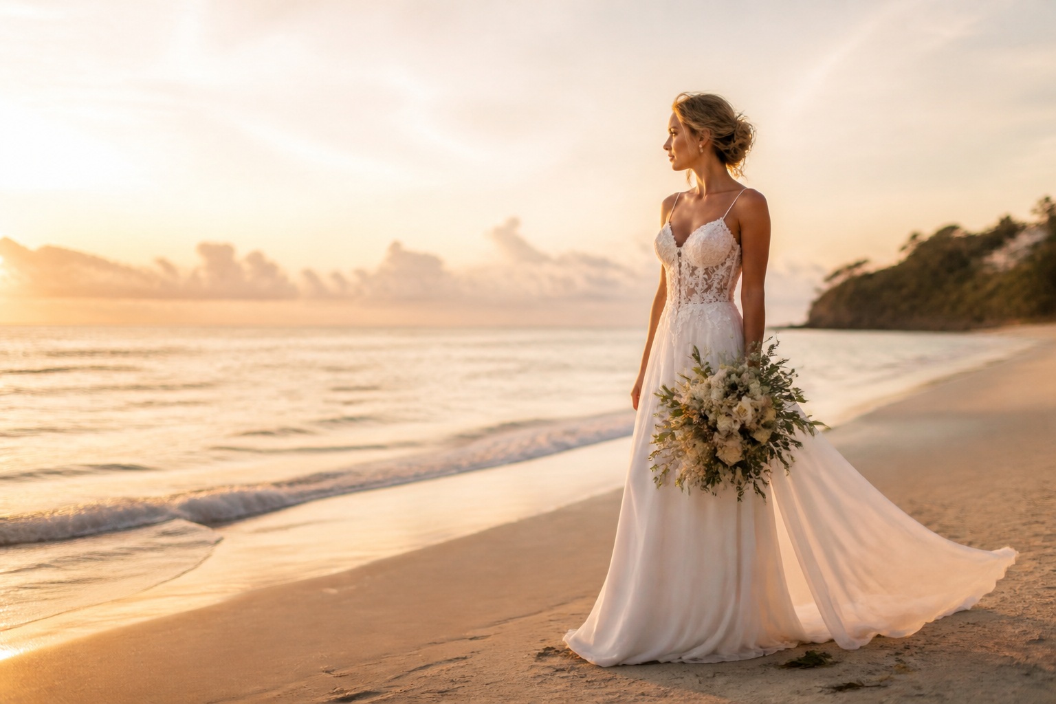Beach bridal dresses on a golden hour shoreline