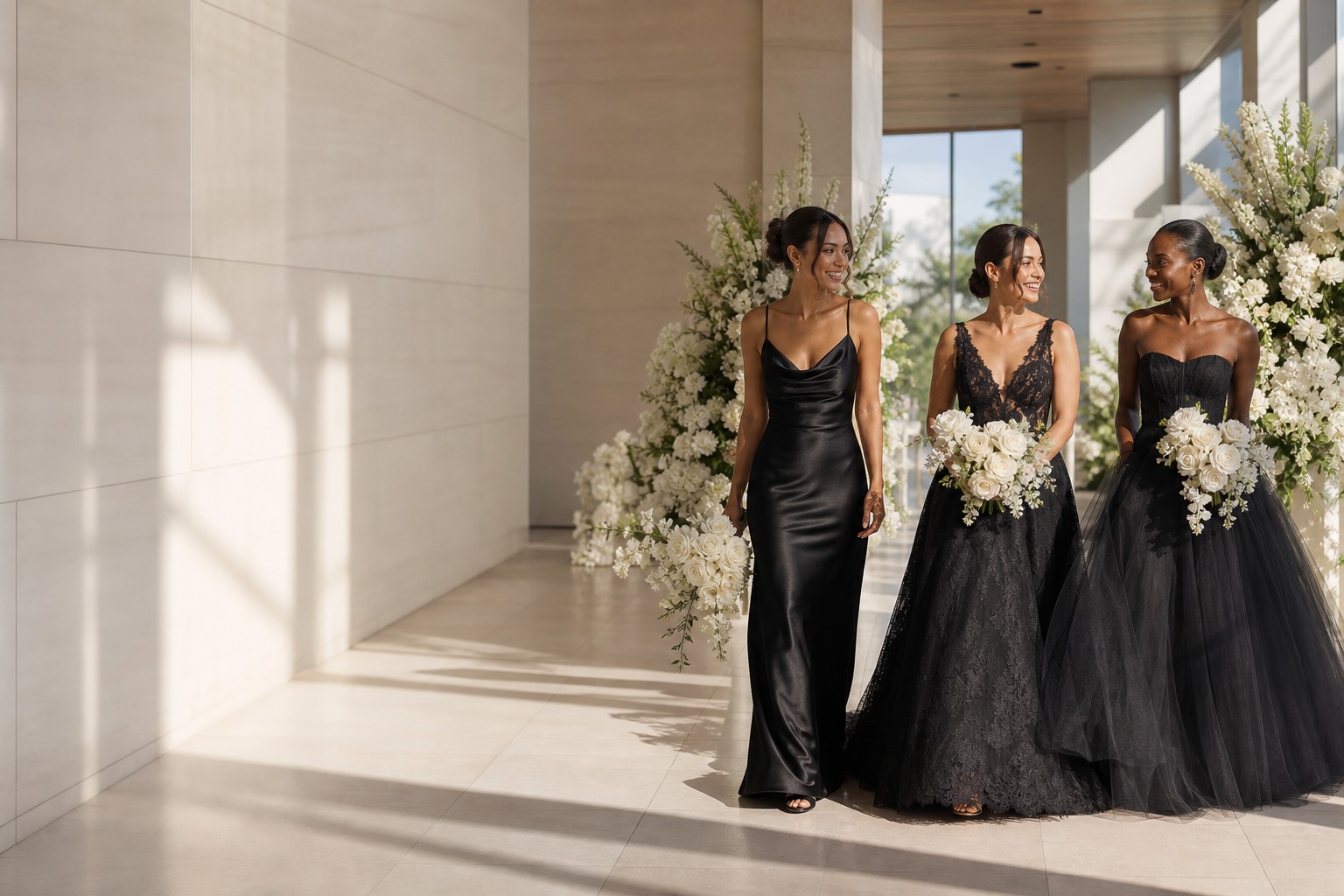 black bridal dresses in satin lace and tulle at a modern wedding venue
