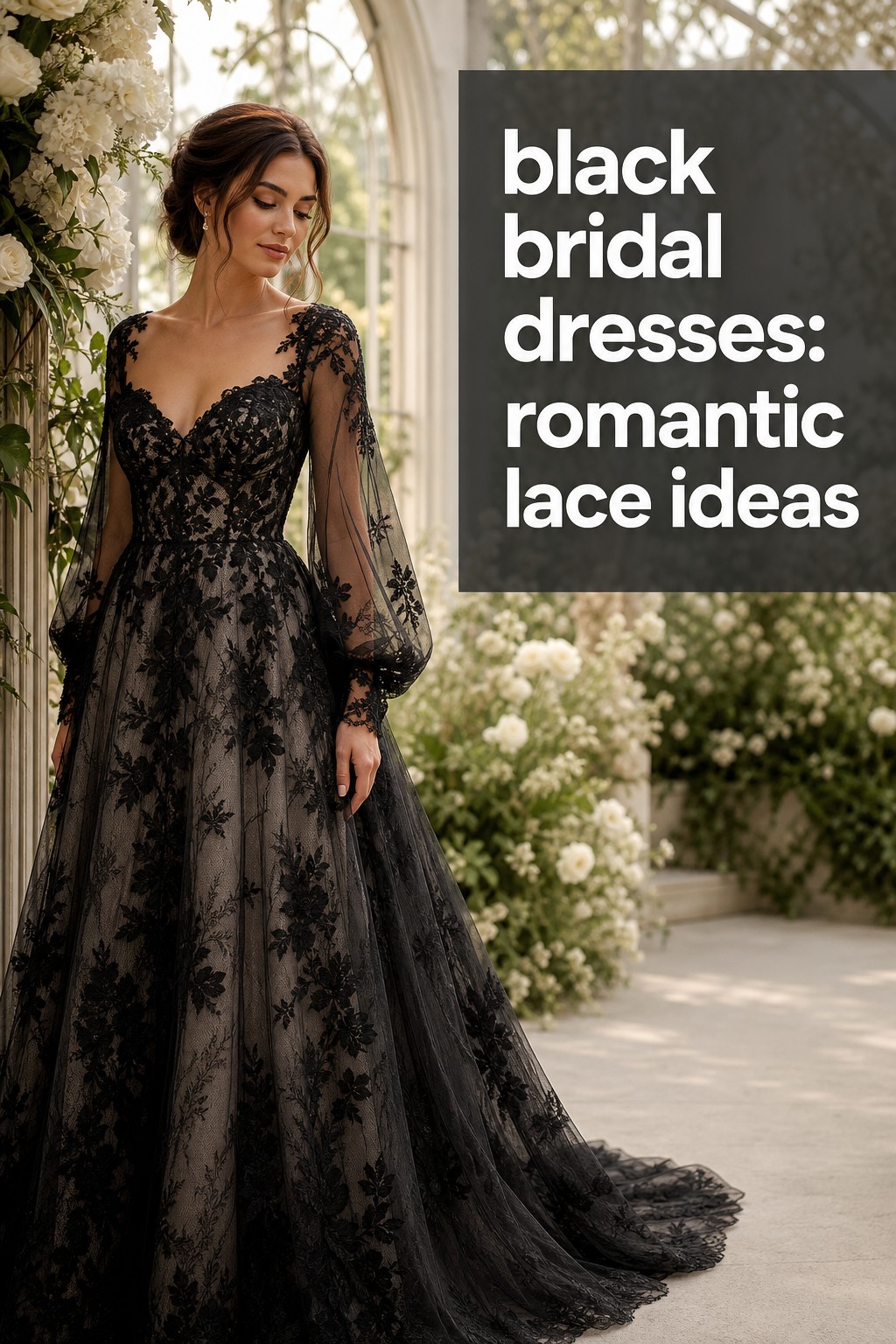 black bridal dresses romantic floral lace A-line gown