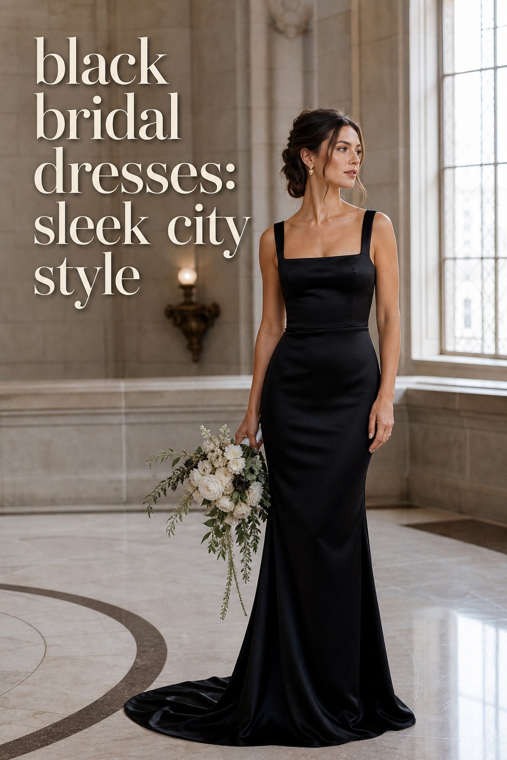 black bridal dresses sleek satin column gown in a city hall