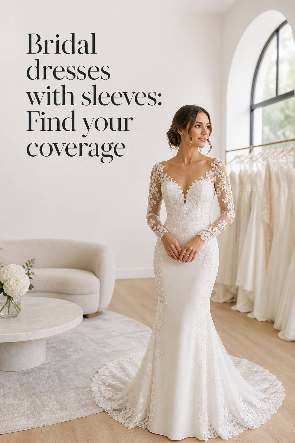 Bridal dresses with sleeves fitted lace illusion gown in a bridal salon