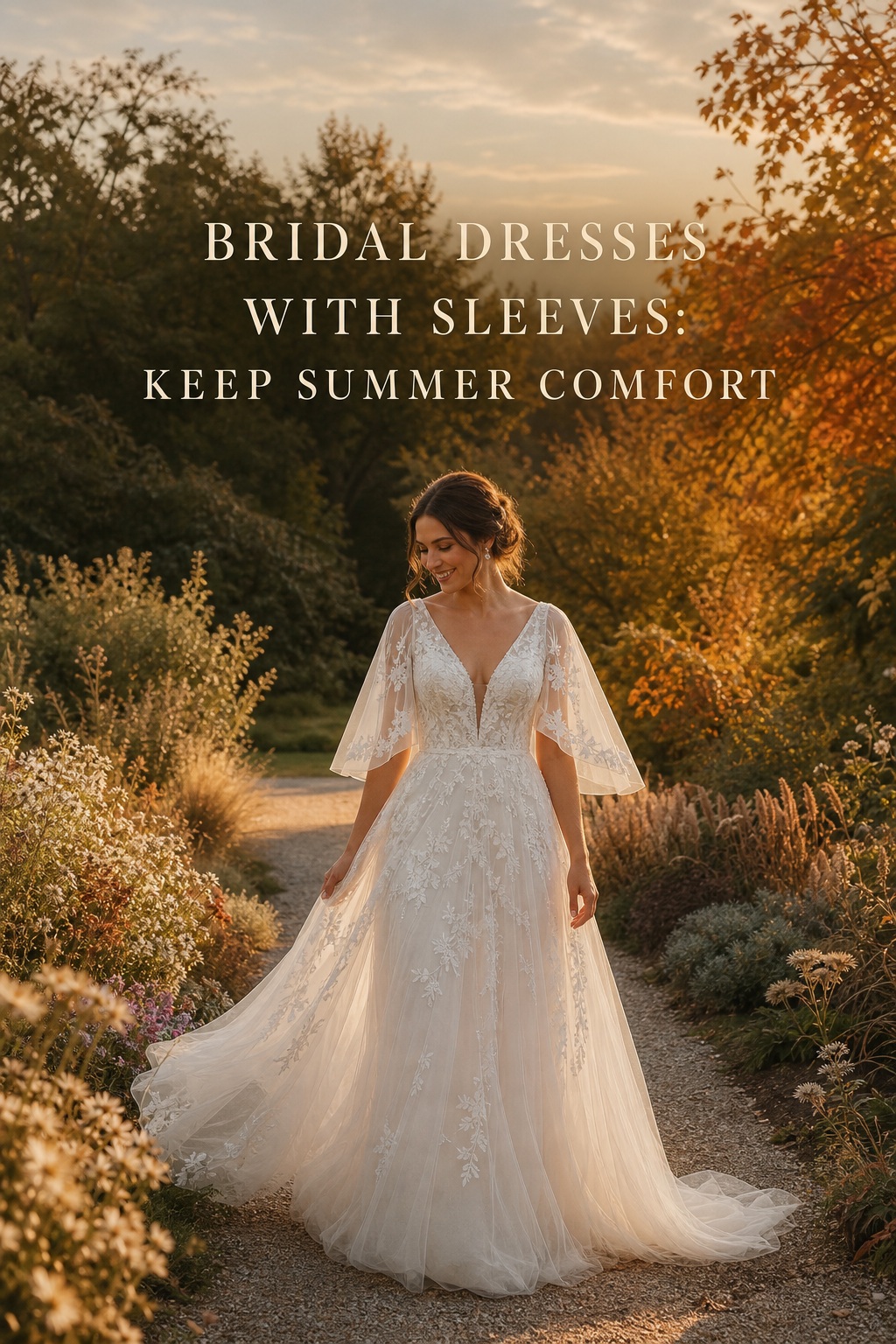 Bridal dresses with sleeves airy flutter sleeve gown in a summer garden