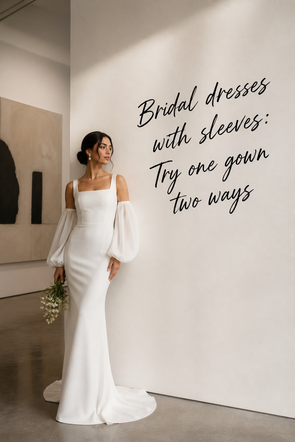 Bridal dresses with sleeves modern crepe gown with detachable bishop sleeves