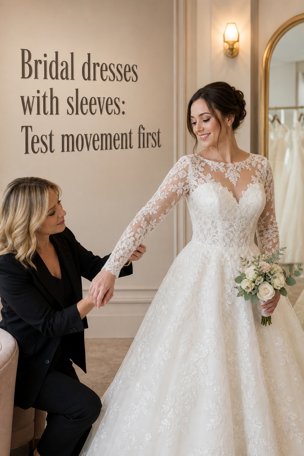 Bridal dresses with sleeves lace ball gown tested during a bridal fitting