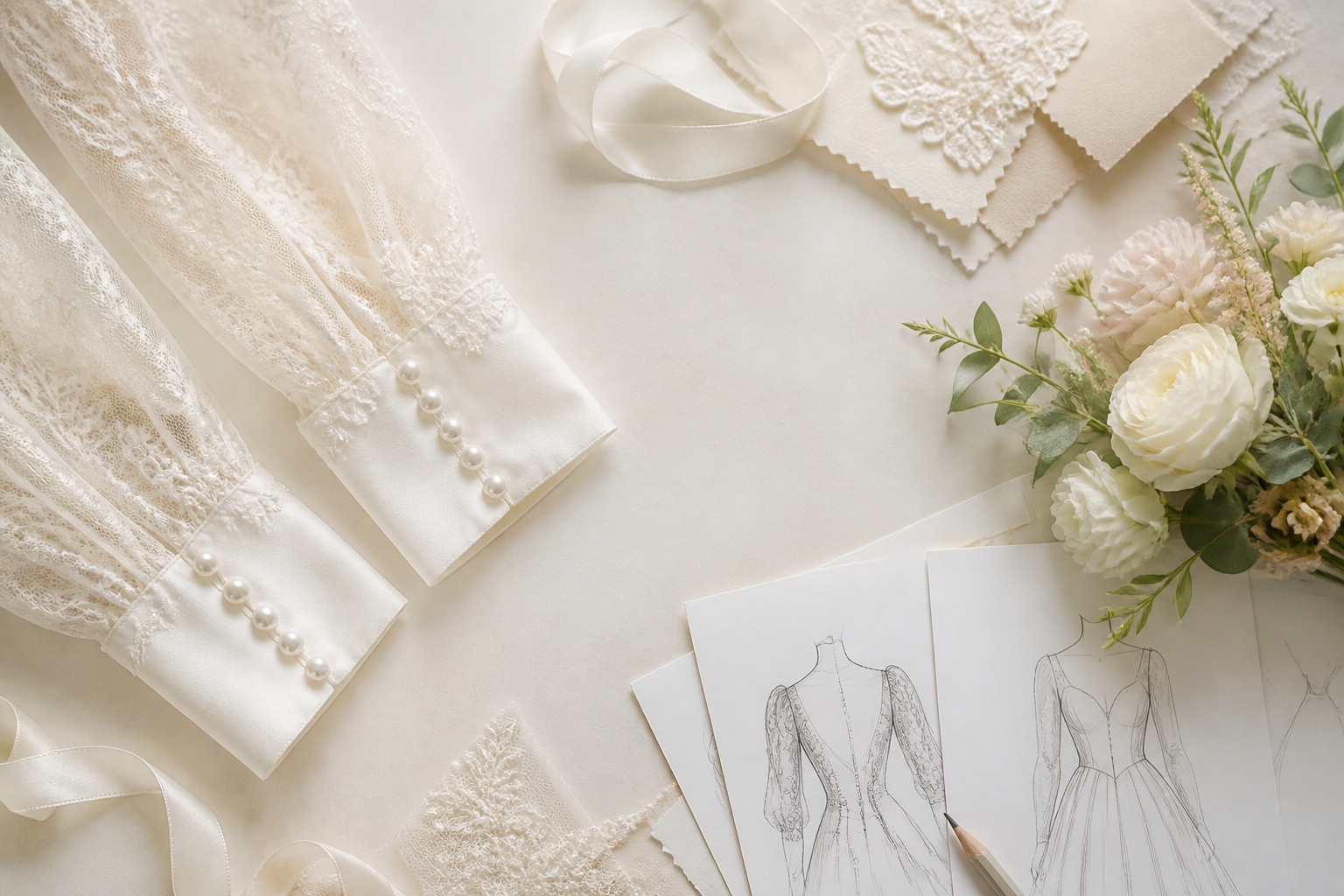 Bridal dresses with sleeves lace, illusion mesh and satin details on a bridal moodboard