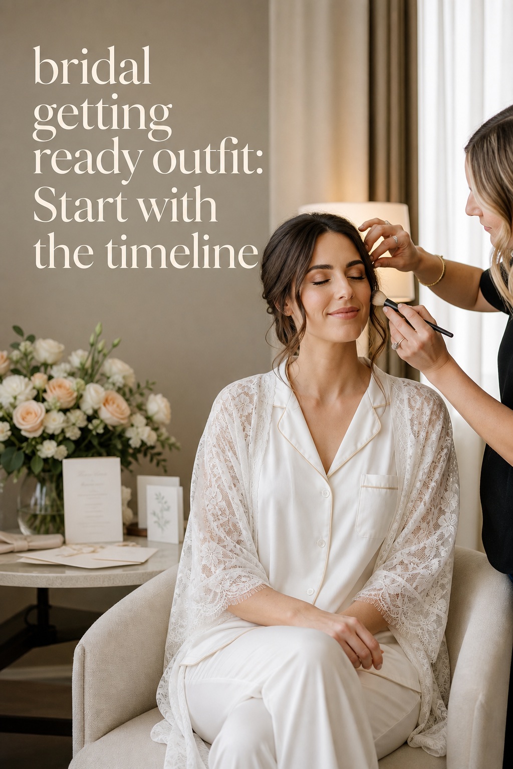 bridal getting ready outfit in an ivory pajama set during hair and makeup
