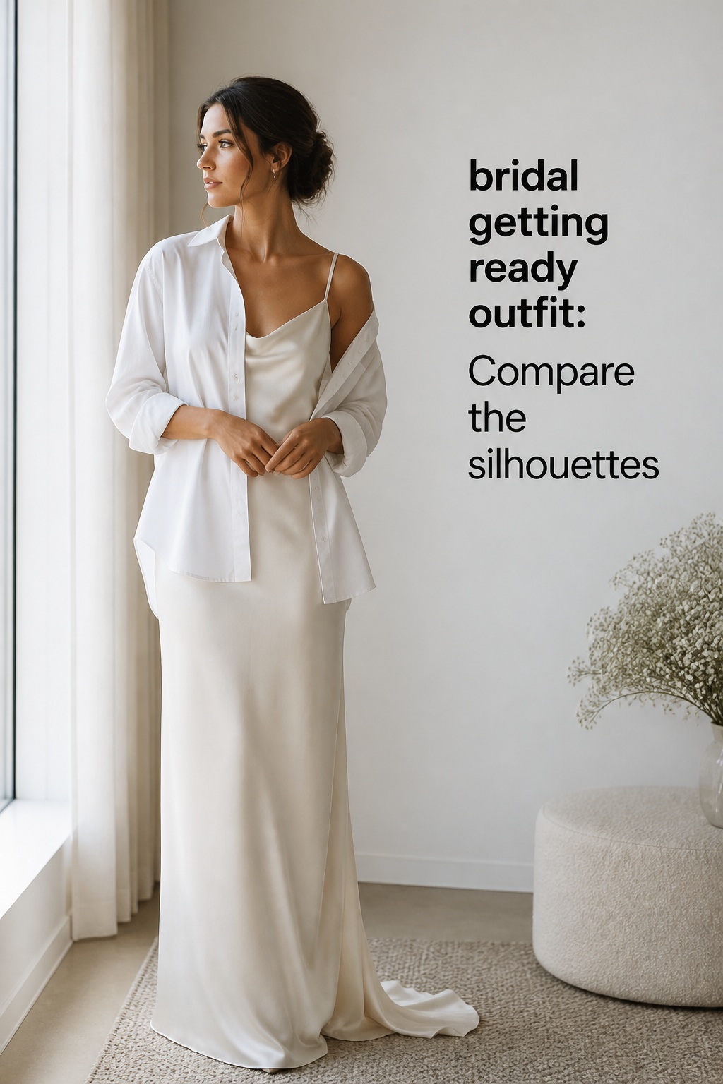 bridal getting ready outfit with ivory slip dress and oversized shirt