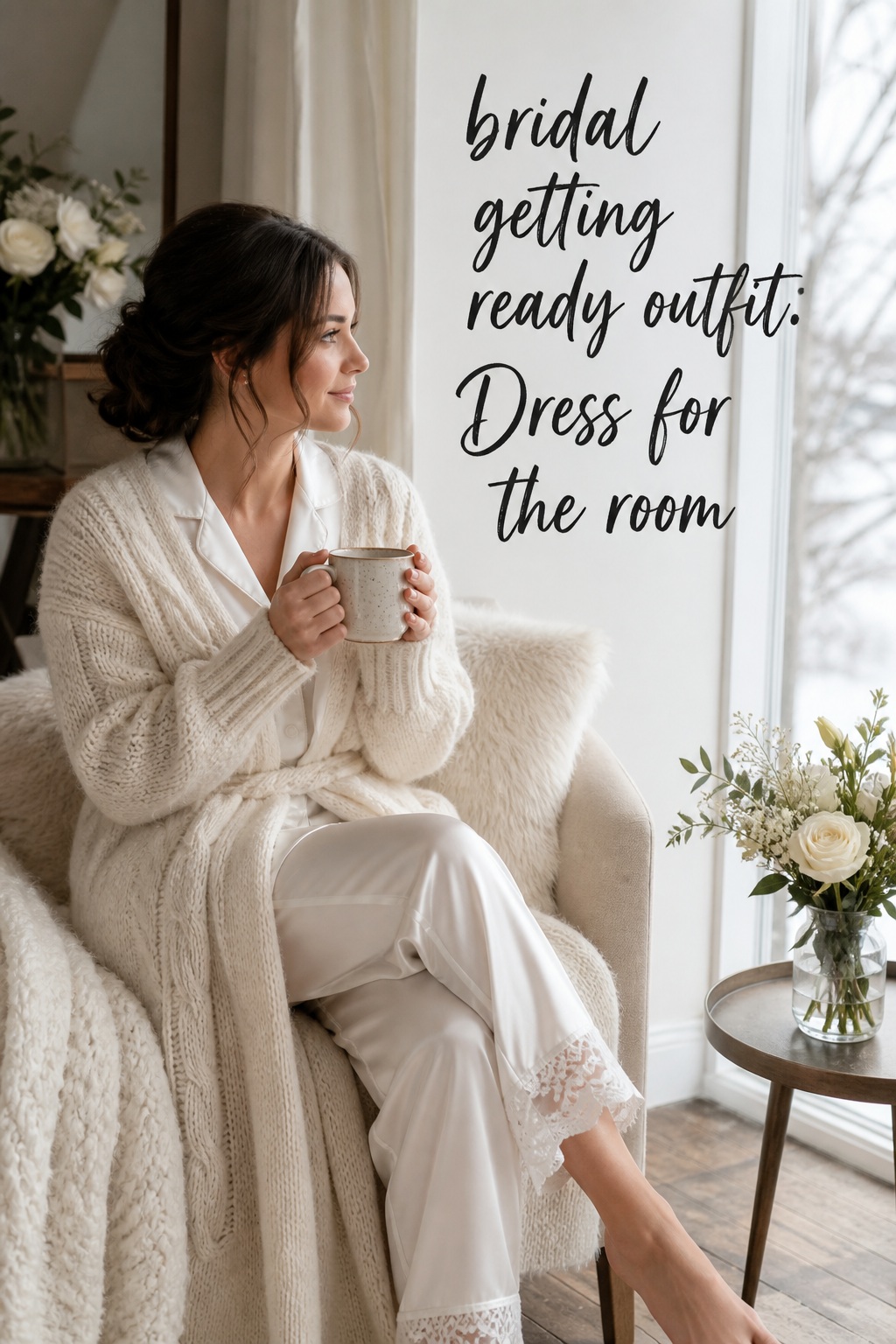 bridal getting ready outfit with cozy knit robe and long pajamas