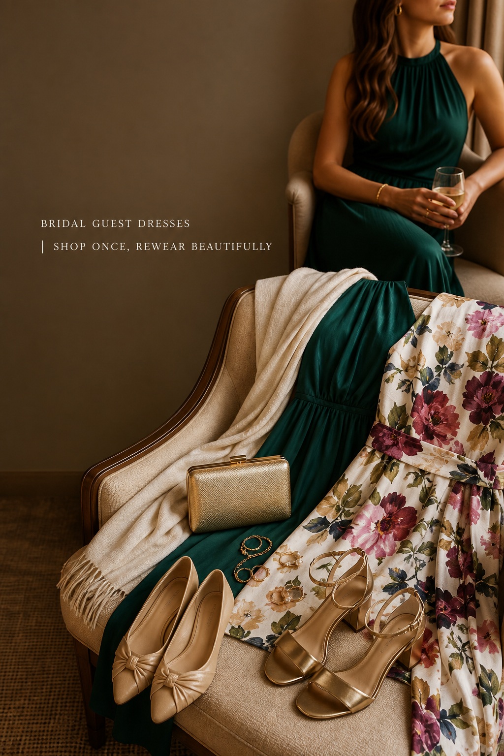 bridal guest dresses capsule with jewel-tone floral dress wrap shoes and jewelry