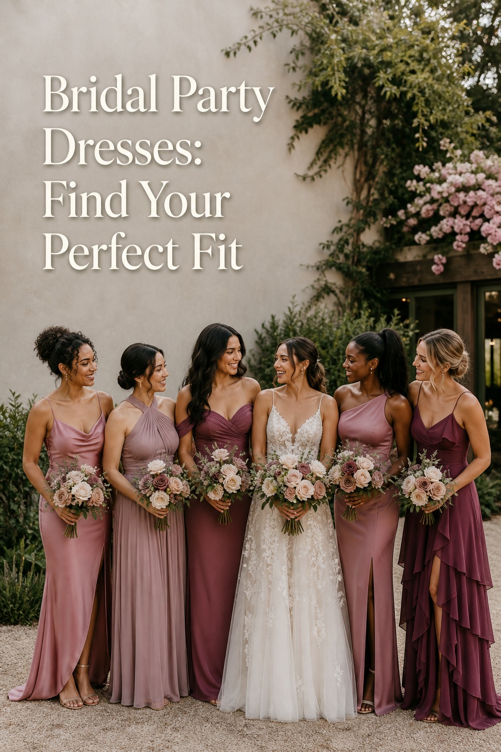 bridal party dresses in dusty rose with varied flattering silhouettes