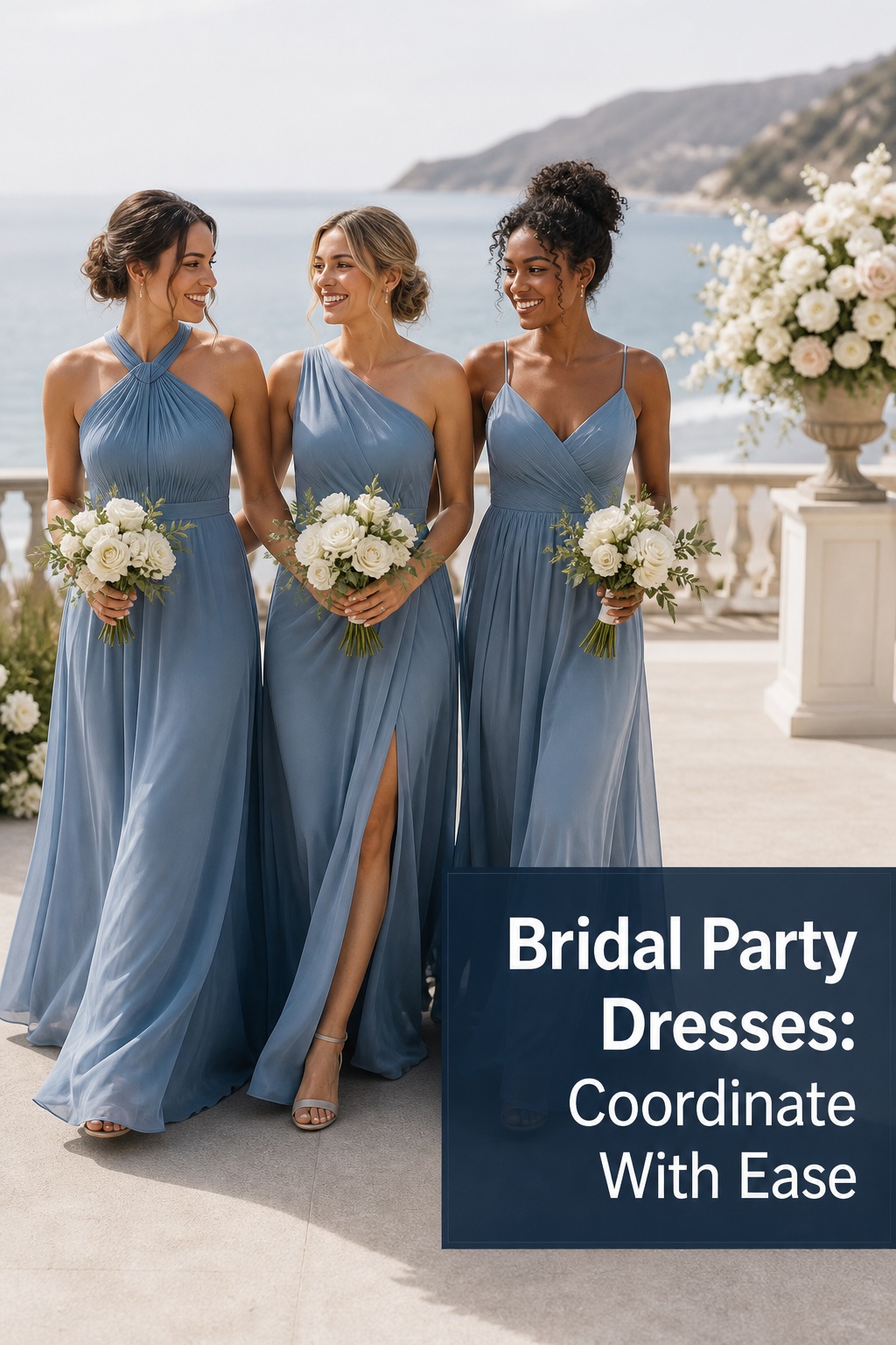 bridal party dresses in coordinated dusty blue for a coastal wedding