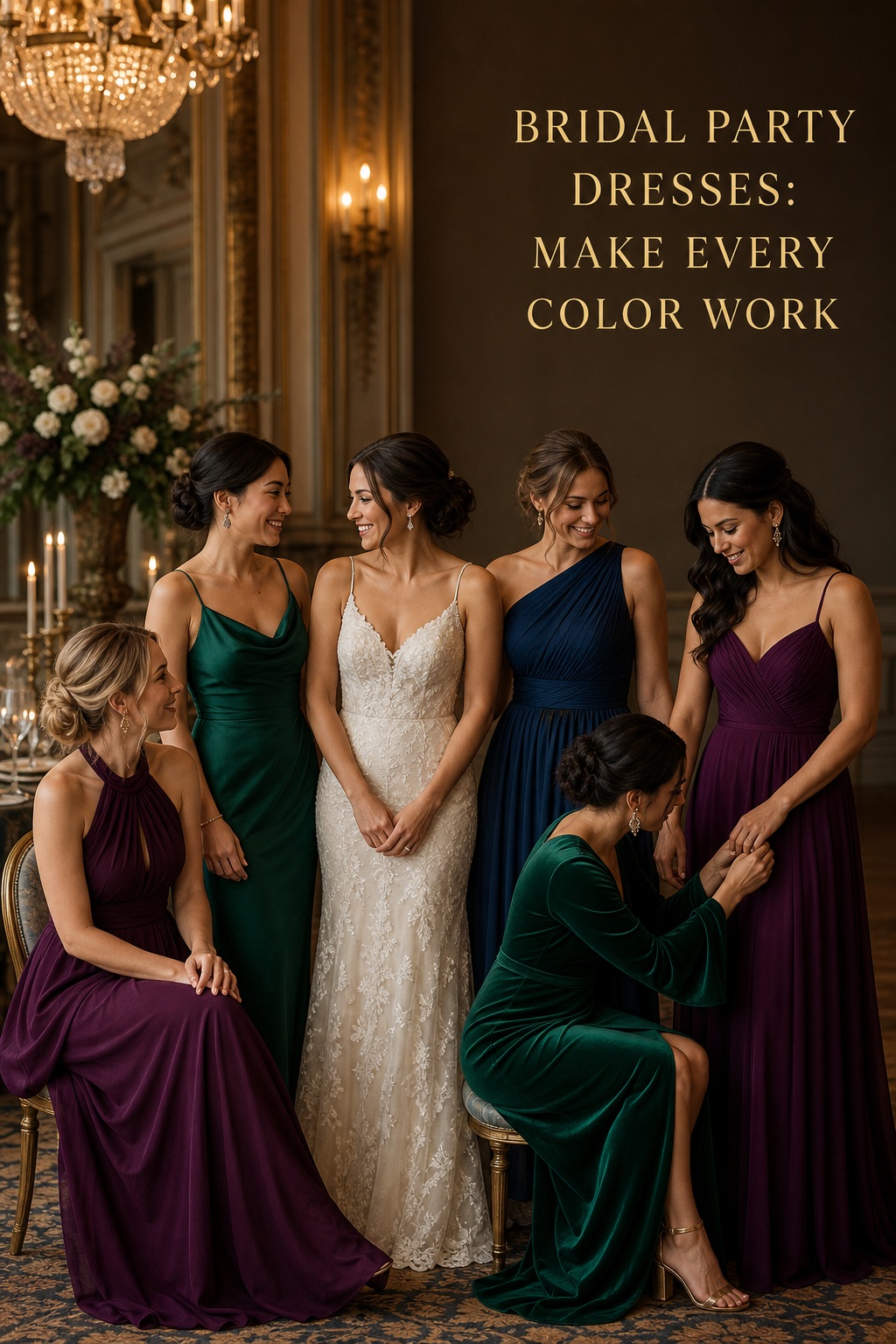 bridal party dresses in emerald sapphire and plum jewel tones