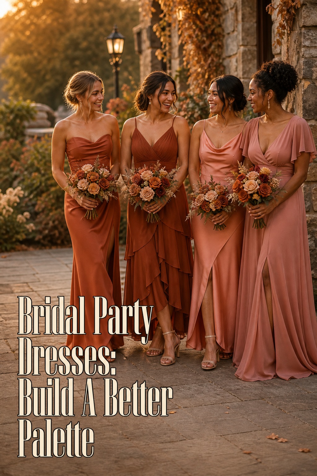 bridal party dresses in champagne latte and taupe at a fitting