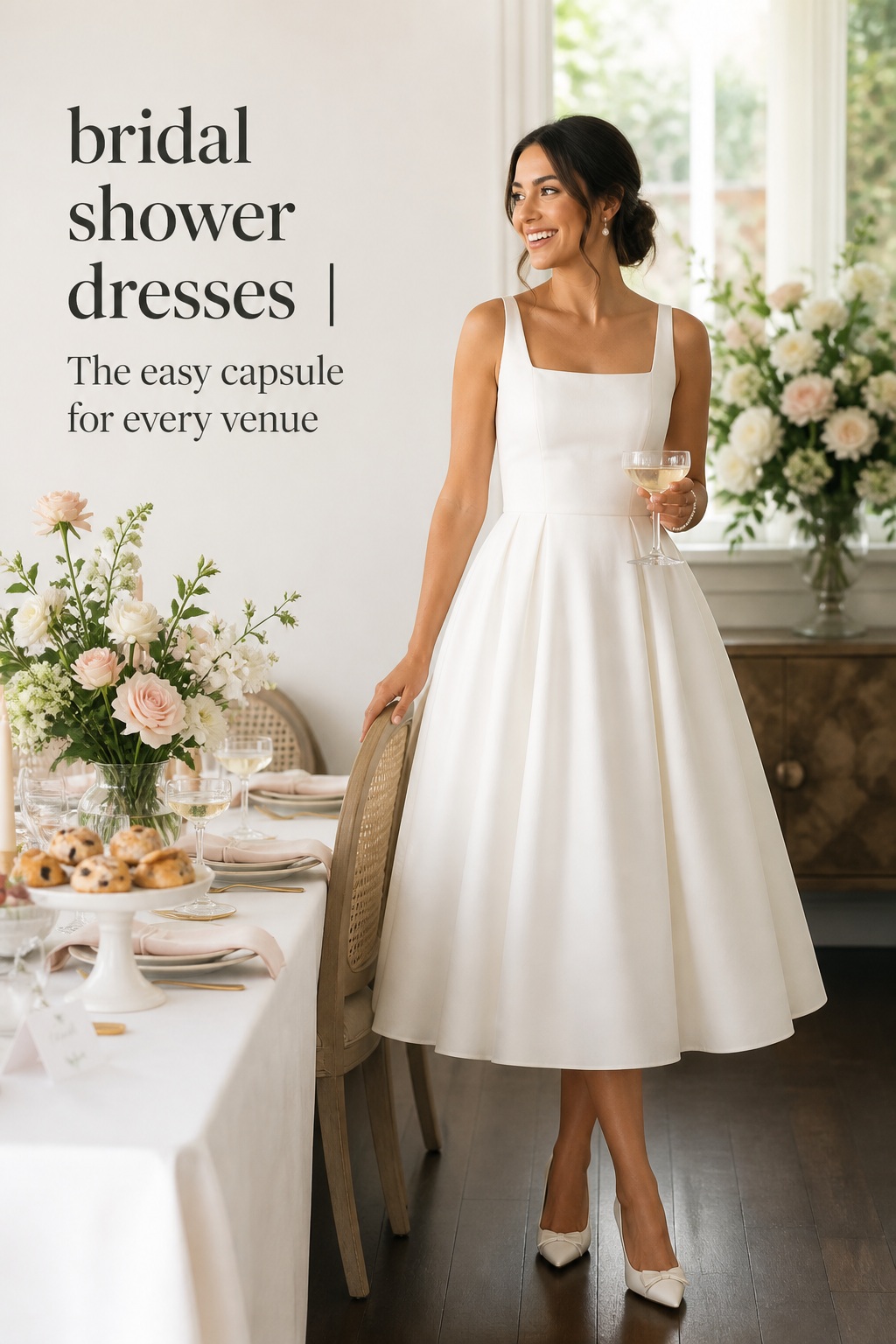 bridal shower dresses white ivory tea-length dress at a brunch