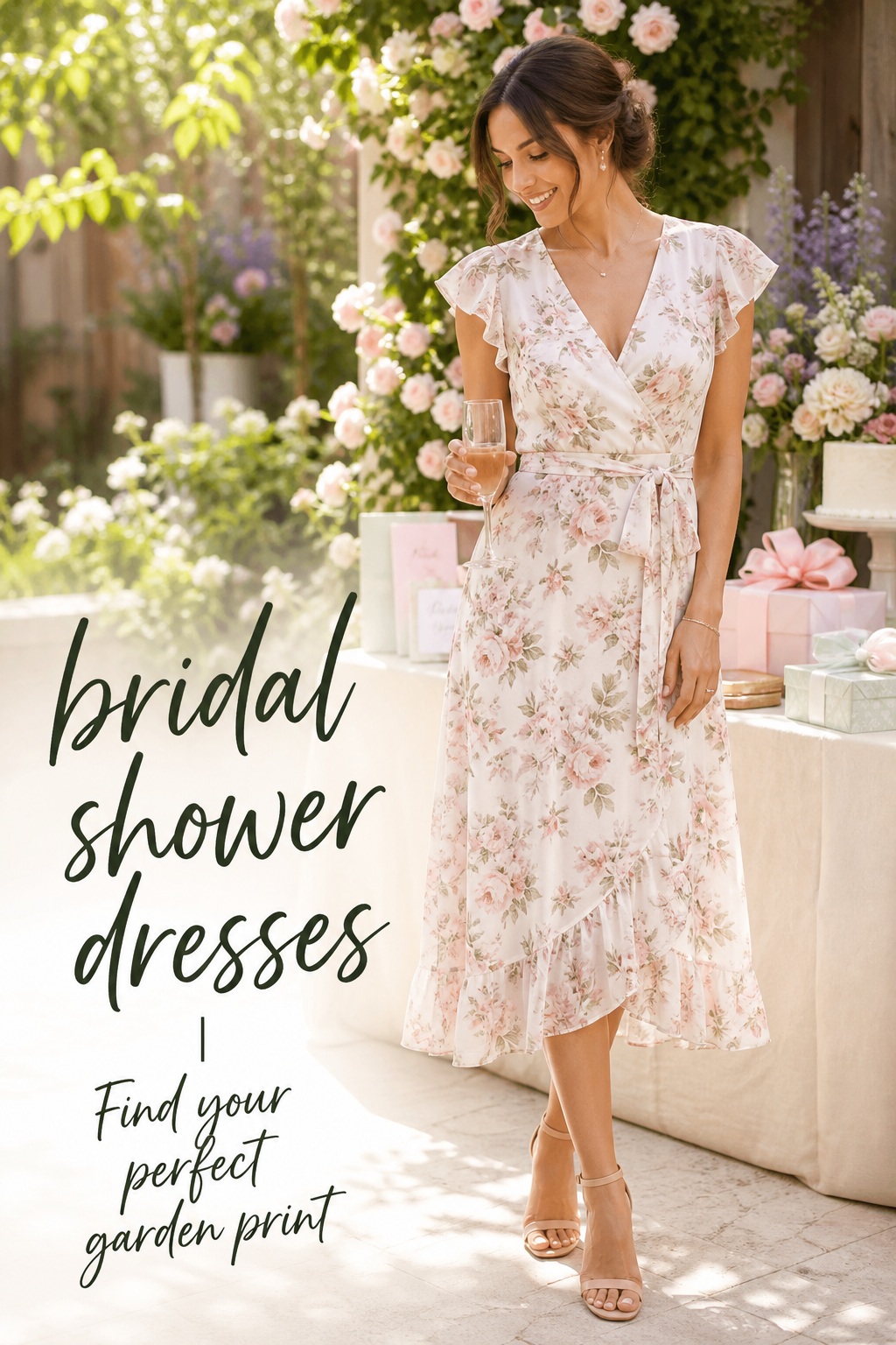 bridal shower dresses soft floral midi dress in a garden setting