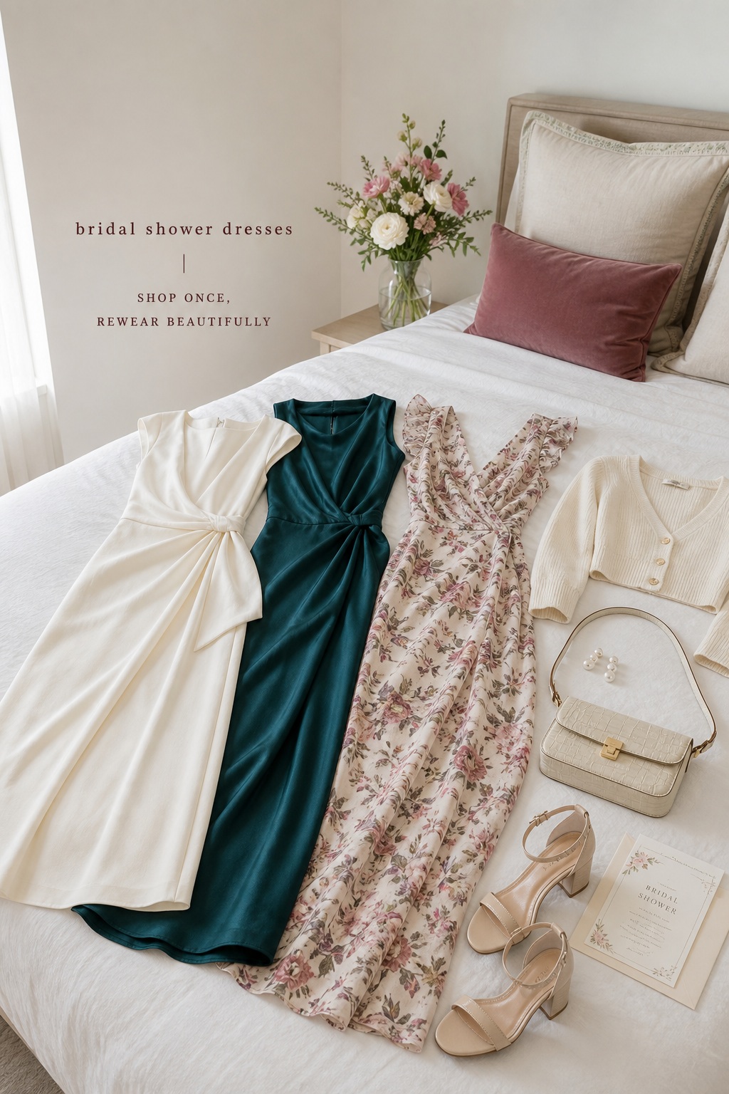 bridal shower dresses capsule with ivory midi, floral dress and accessories
