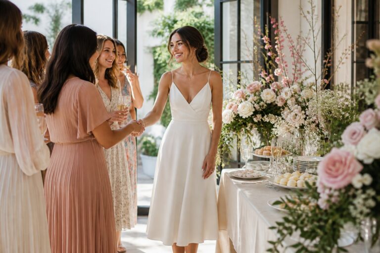 bridal shower dresses ivory midi bride greeting guests at a floral shower
