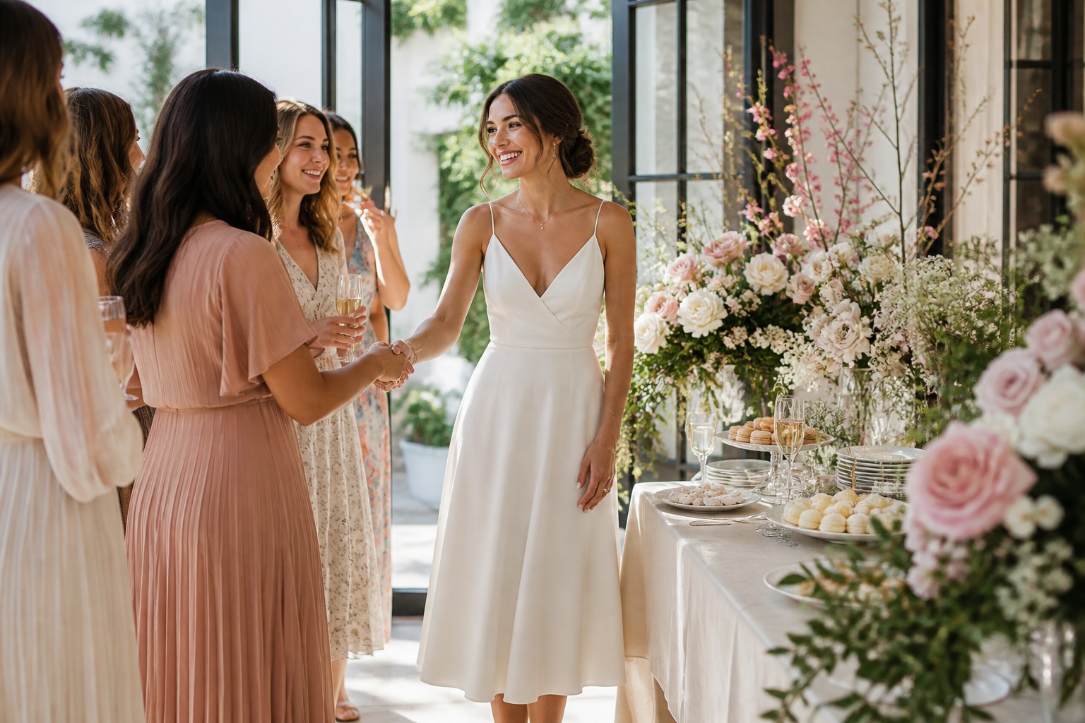 bridal shower dresses ivory midi bride greeting guests at a floral shower