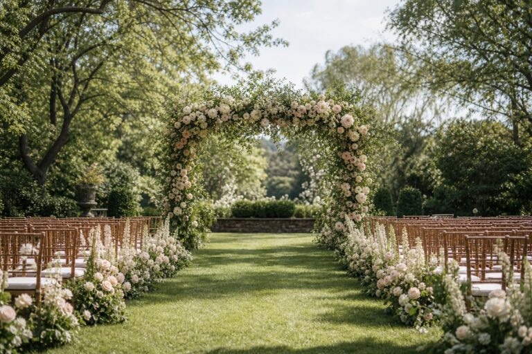 Wedding ceremony flowers framing a garden aisle and floral arch