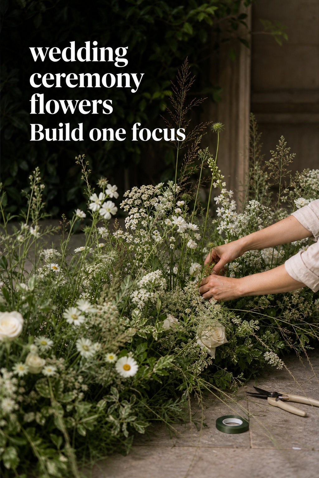 Wedding ceremony flowers arranged as a white flower meadow