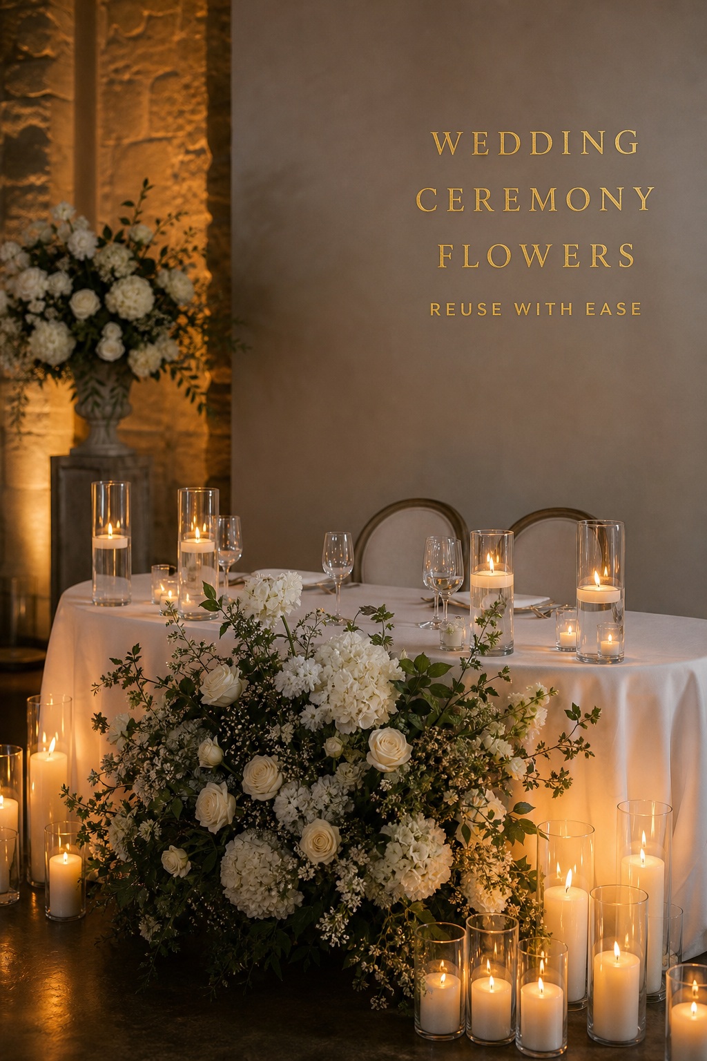 Wedding ceremony flowers repurposed at a candlelit sweetheart table