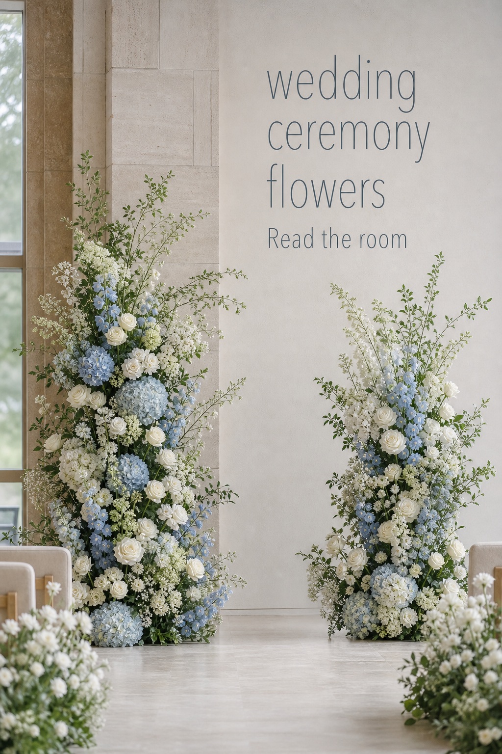 Wedding ceremony flowers as blue and ivory altar arrangements indoors