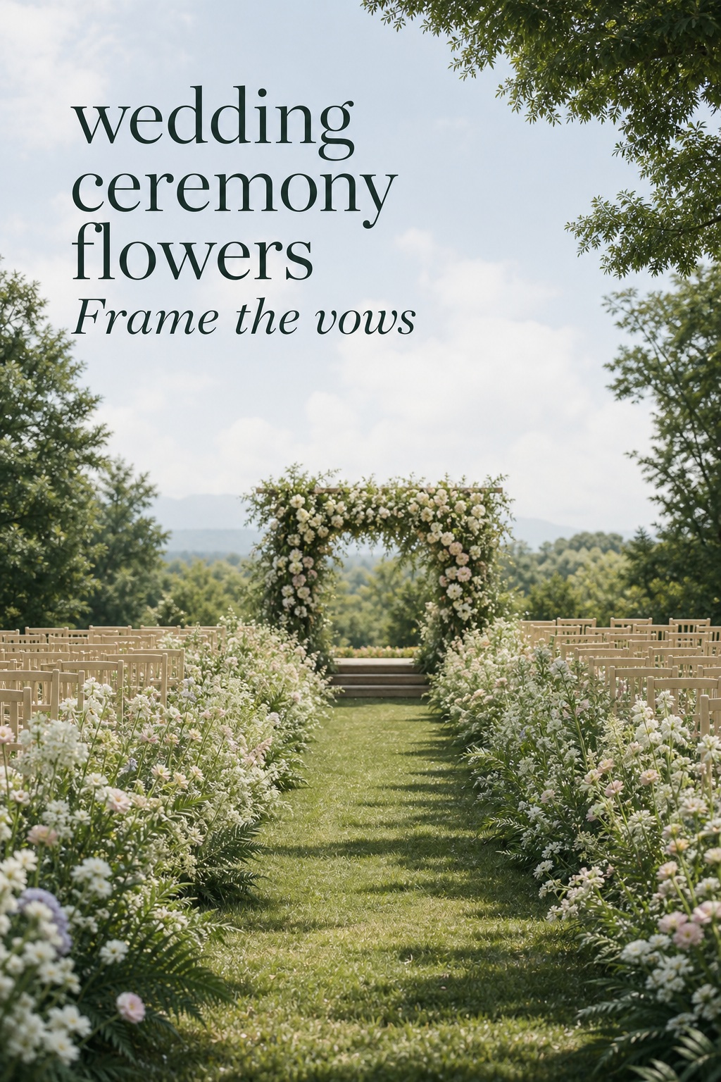 Wedding ceremony flowers framing a garden aisle and floral arch