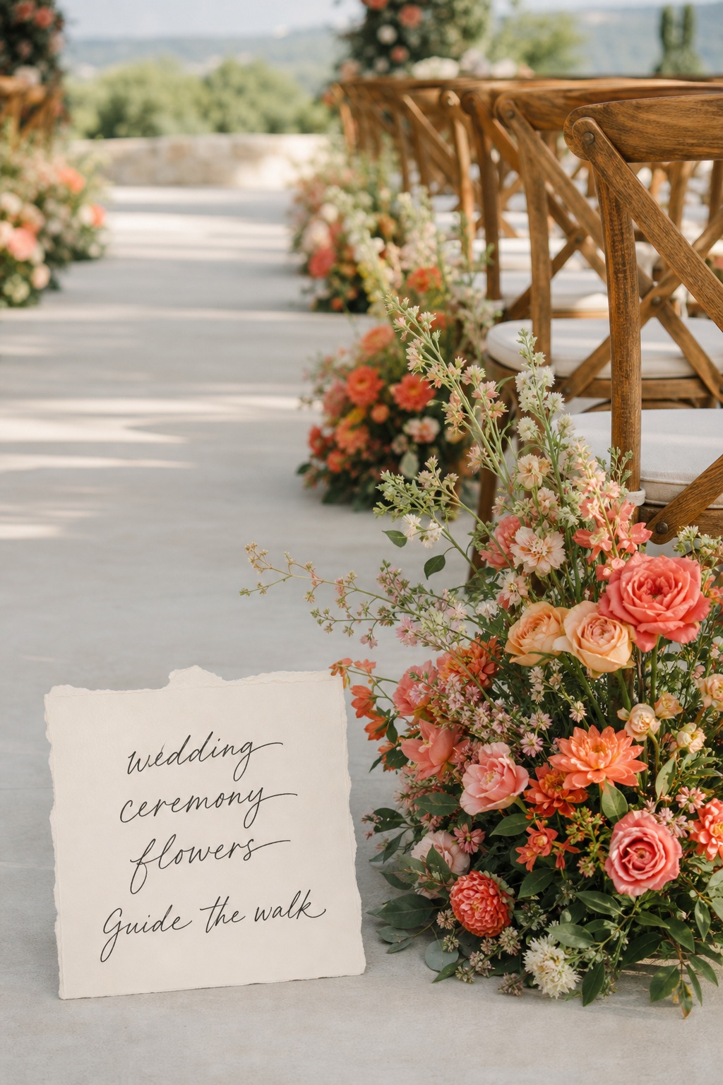 Wedding ceremony flowers lining a coral and peach aisle