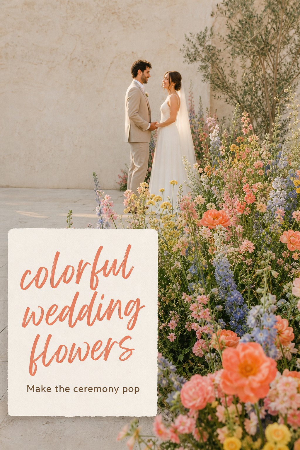 Colorful wedding flowers in an asymmetrical outdoor ceremony meadow