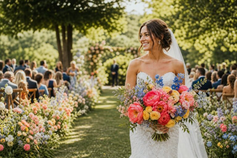 Bride holding colorful wedding flowers at a garden ceremony