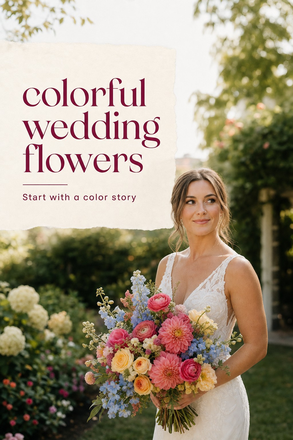 Colorful wedding flowers in a bride's pink, yellow and blue garden bouquet
