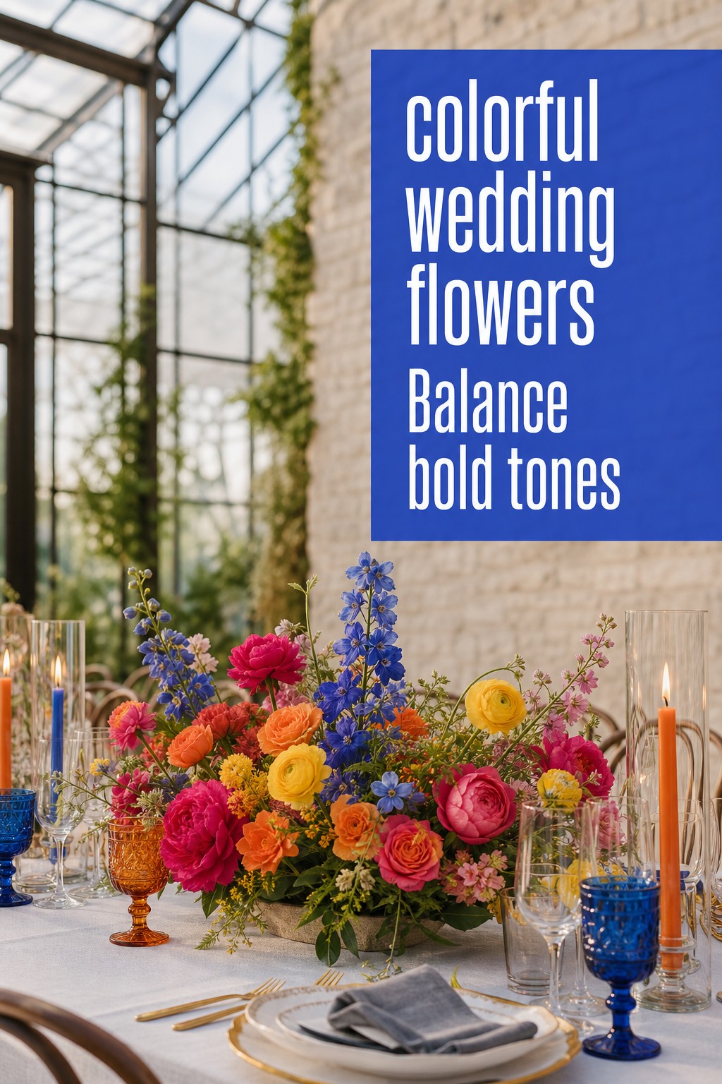 Colorful wedding flowers in a bright low reception centerpiece with colored glass