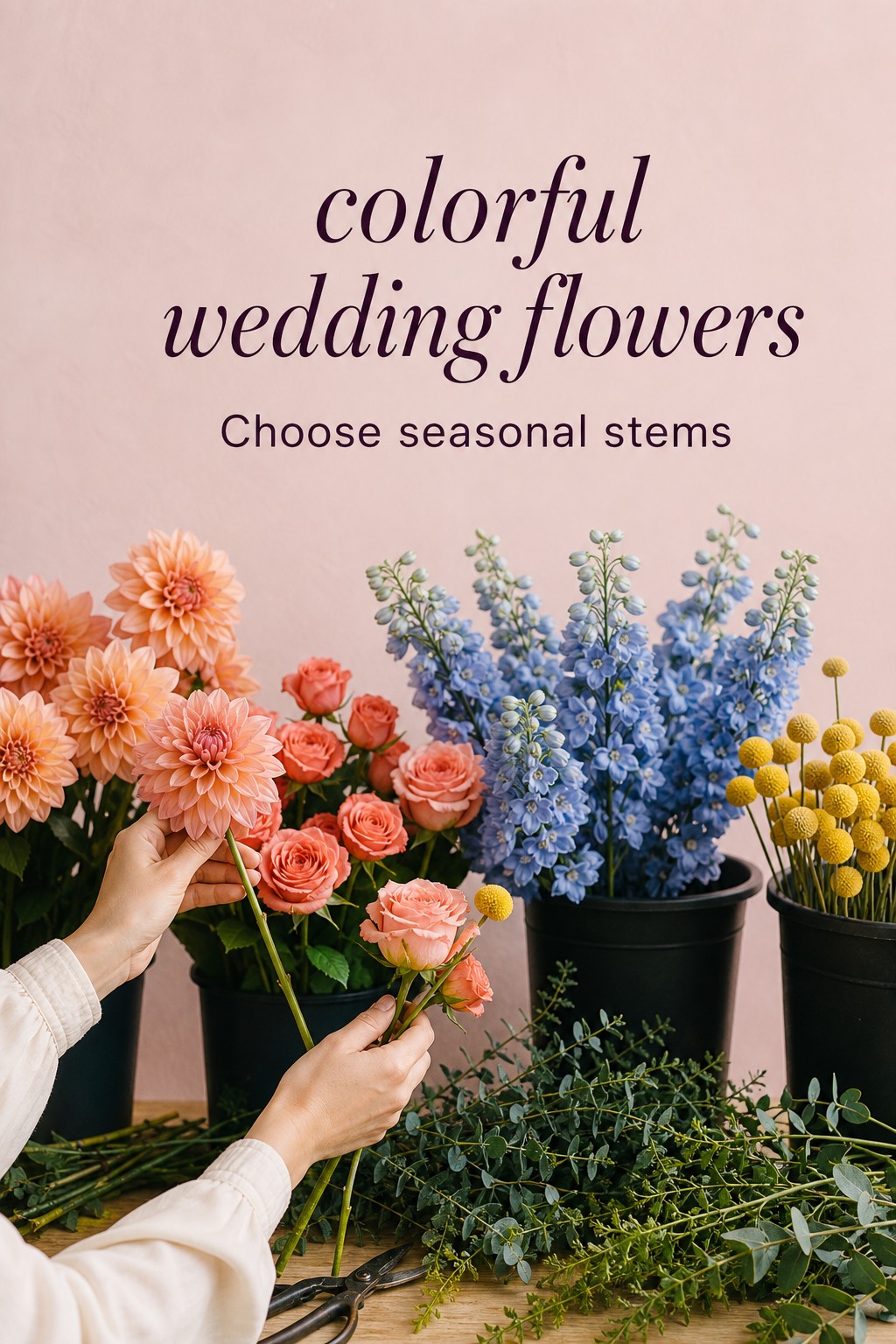 Colorful wedding flowers selected from seasonal stems on a florist worktable