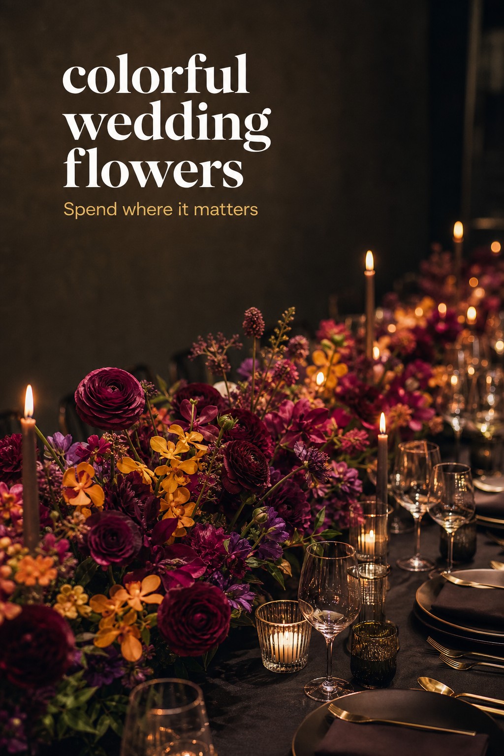 Colorful wedding flowers in a jewel-tone candlelit floral runner