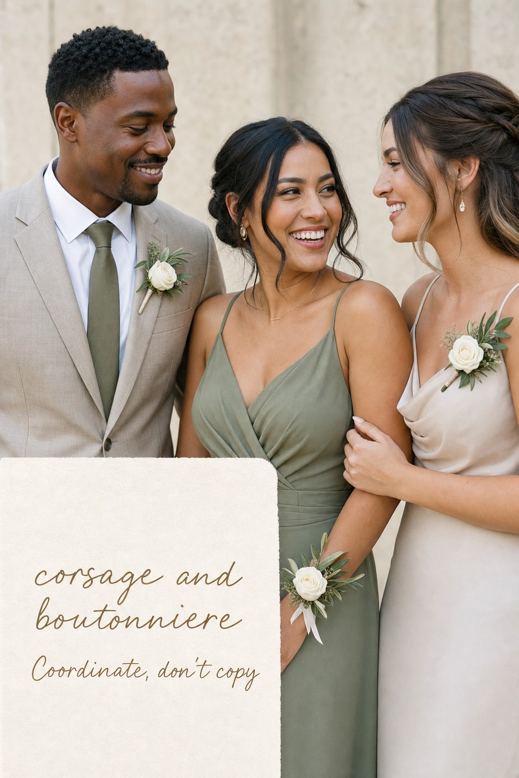 Corsage and boutonniere styling on coordinated wedding party outfits