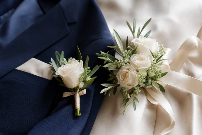 Corsage and boutonniere with ivory roses and olive foliage
