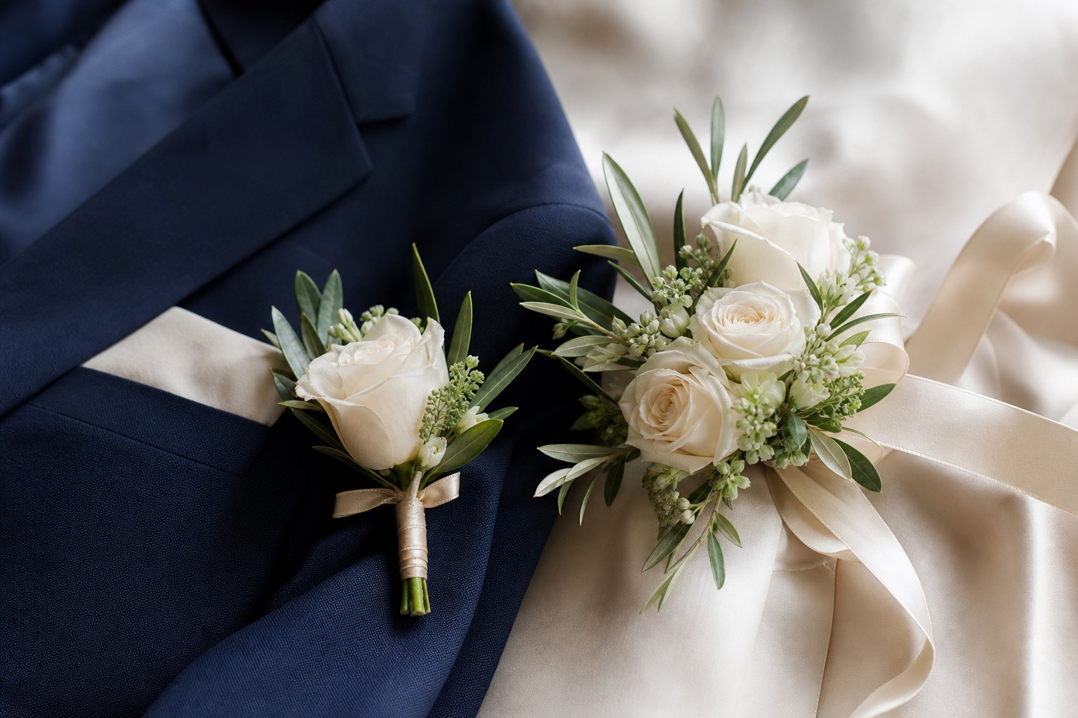 Corsage and boutonniere with ivory roses and olive foliage