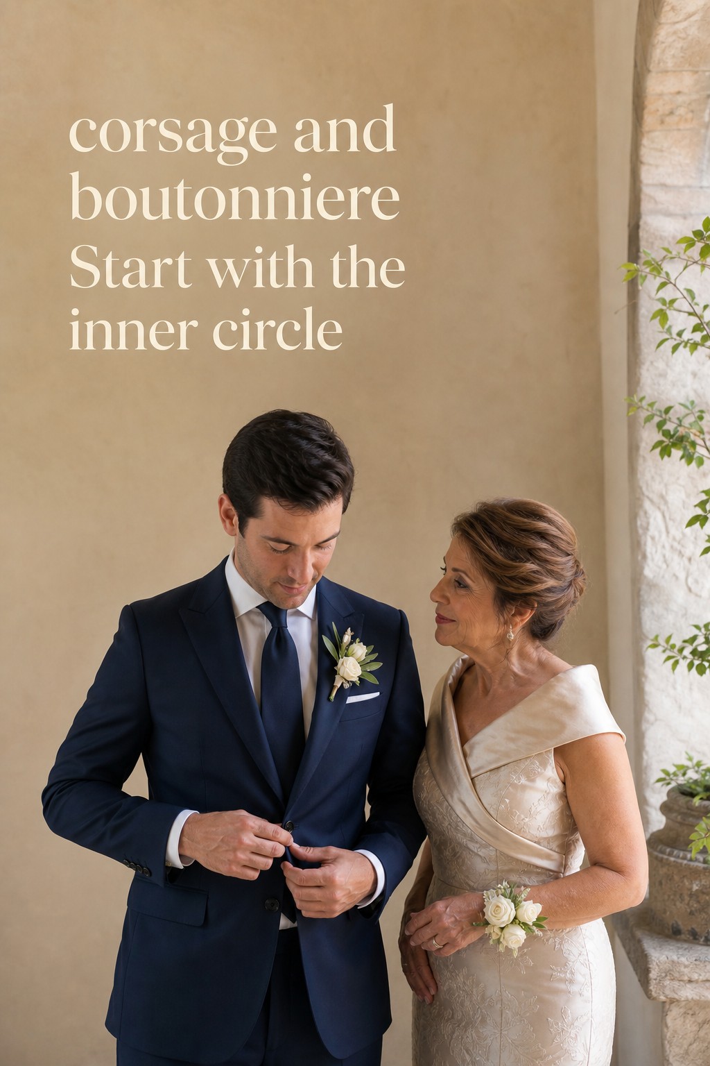 Corsage and boutonniere worn by wedding VIPs in a garden setting
