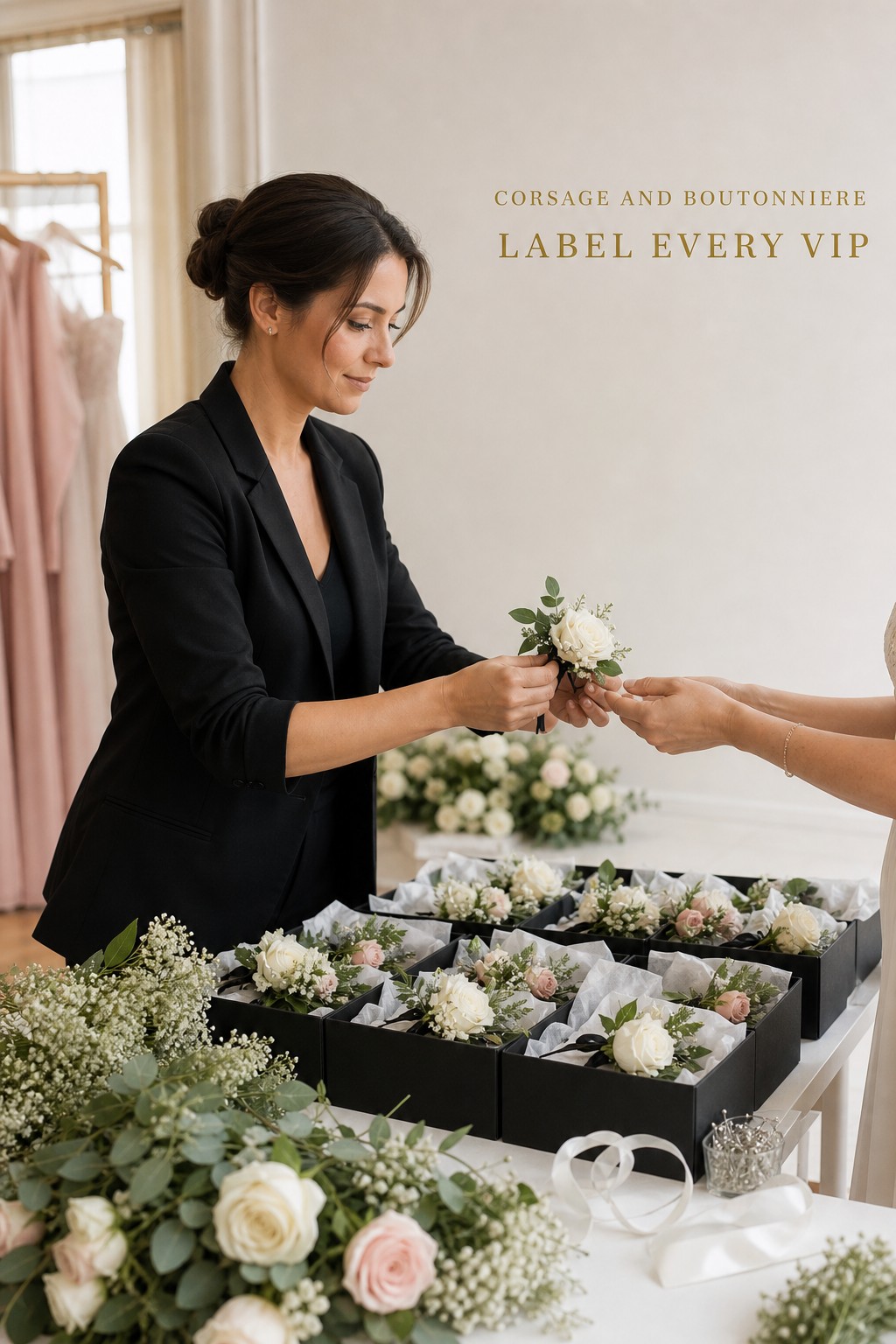 Corsage and boutonniere boxes organized for wedding VIP distribution