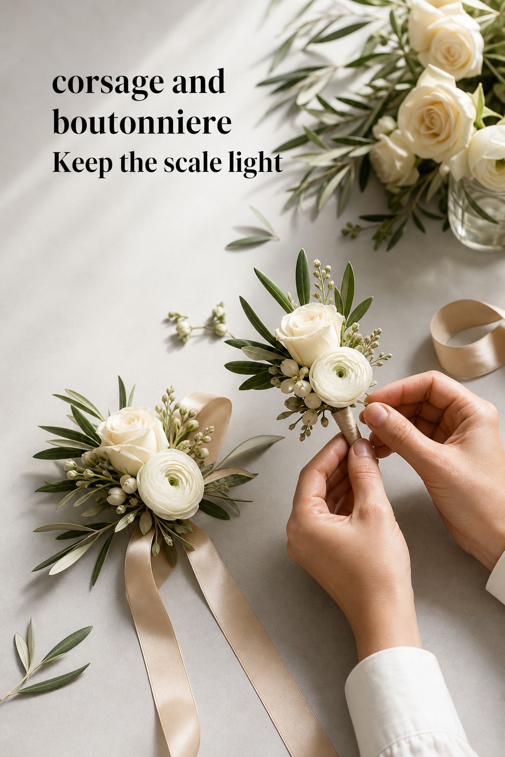 Corsage and boutonniere being made at a florist worktable