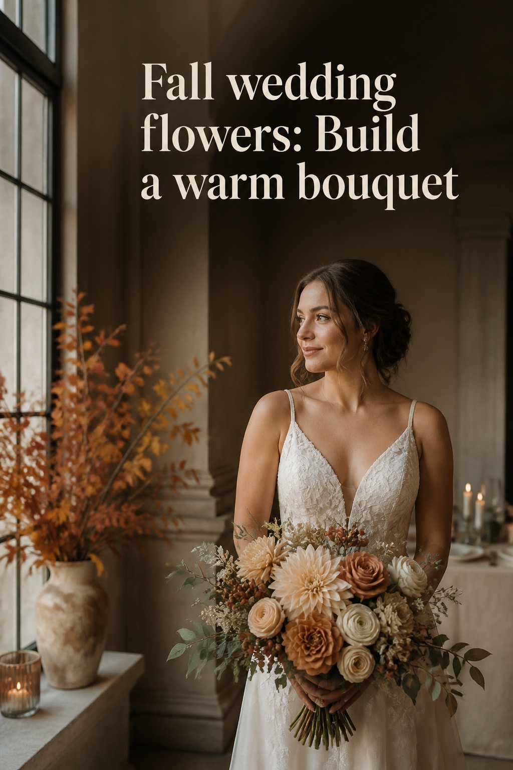 Fall wedding flowers bouquet with cafe au lait dahlias, caramel roses and eucalyptus