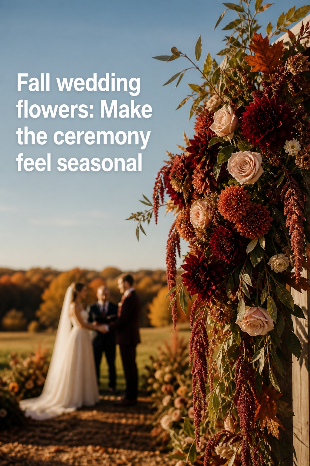 Fall wedding flowers on a burgundy and blush ceremony arch with autumn foliage