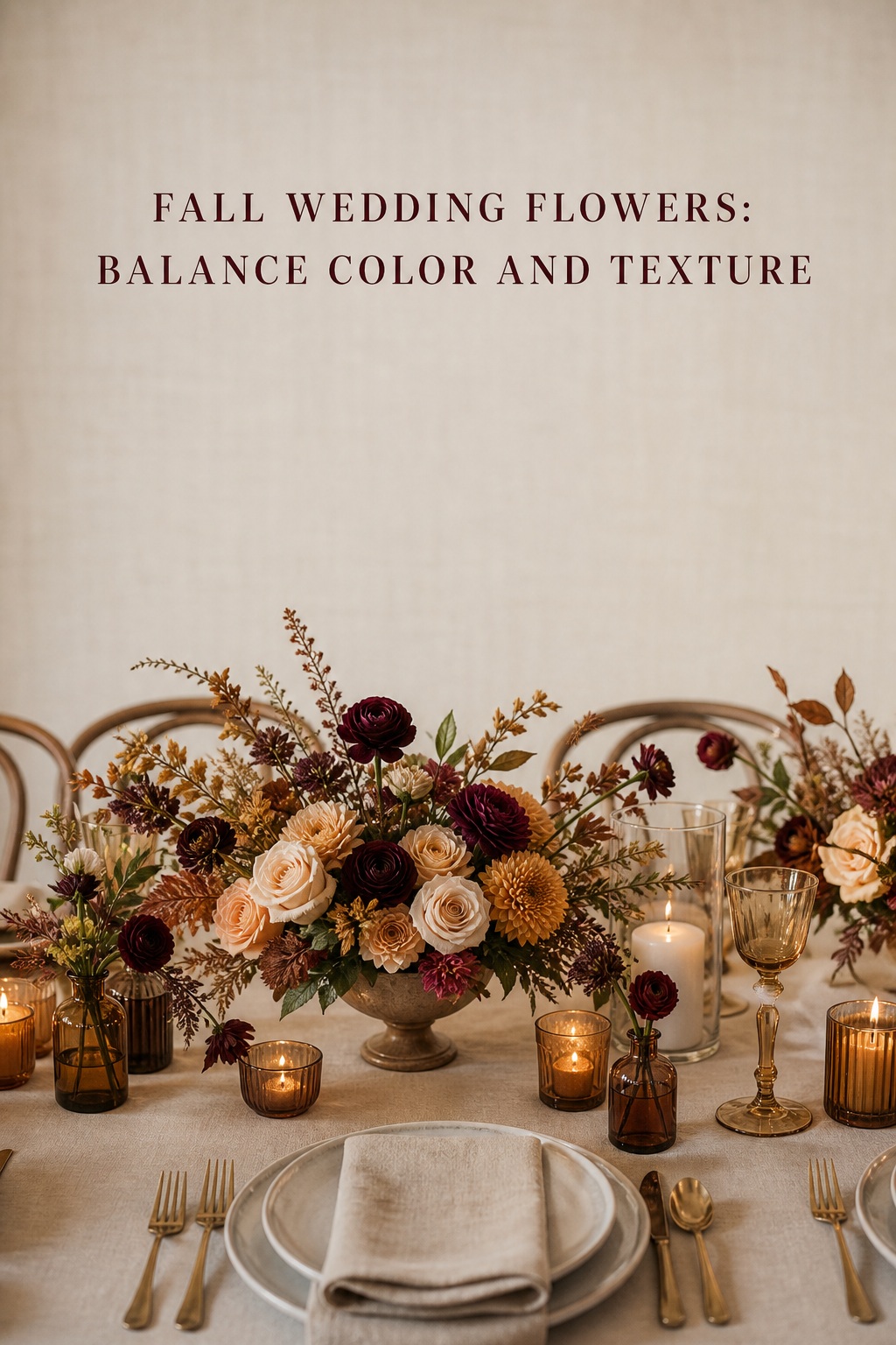 Fall wedding flowers reception centerpiece with dahlias, roses, candles and amber glass