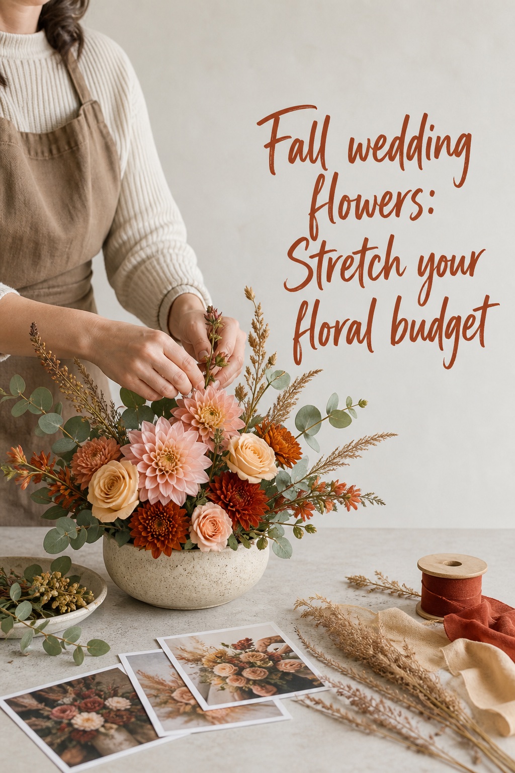 Fall wedding flowers florist arranging a budget-friendly centerpiece with dahlias and roses