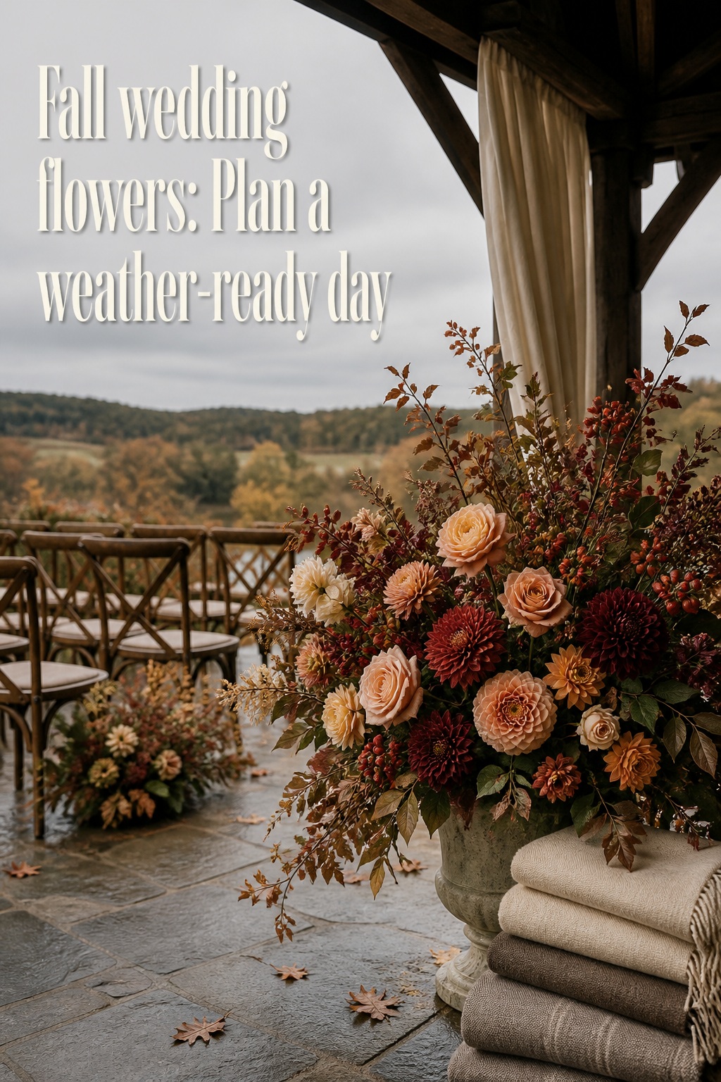 Fall wedding flowers in weighted outdoor arrangements with blankets for changing weather