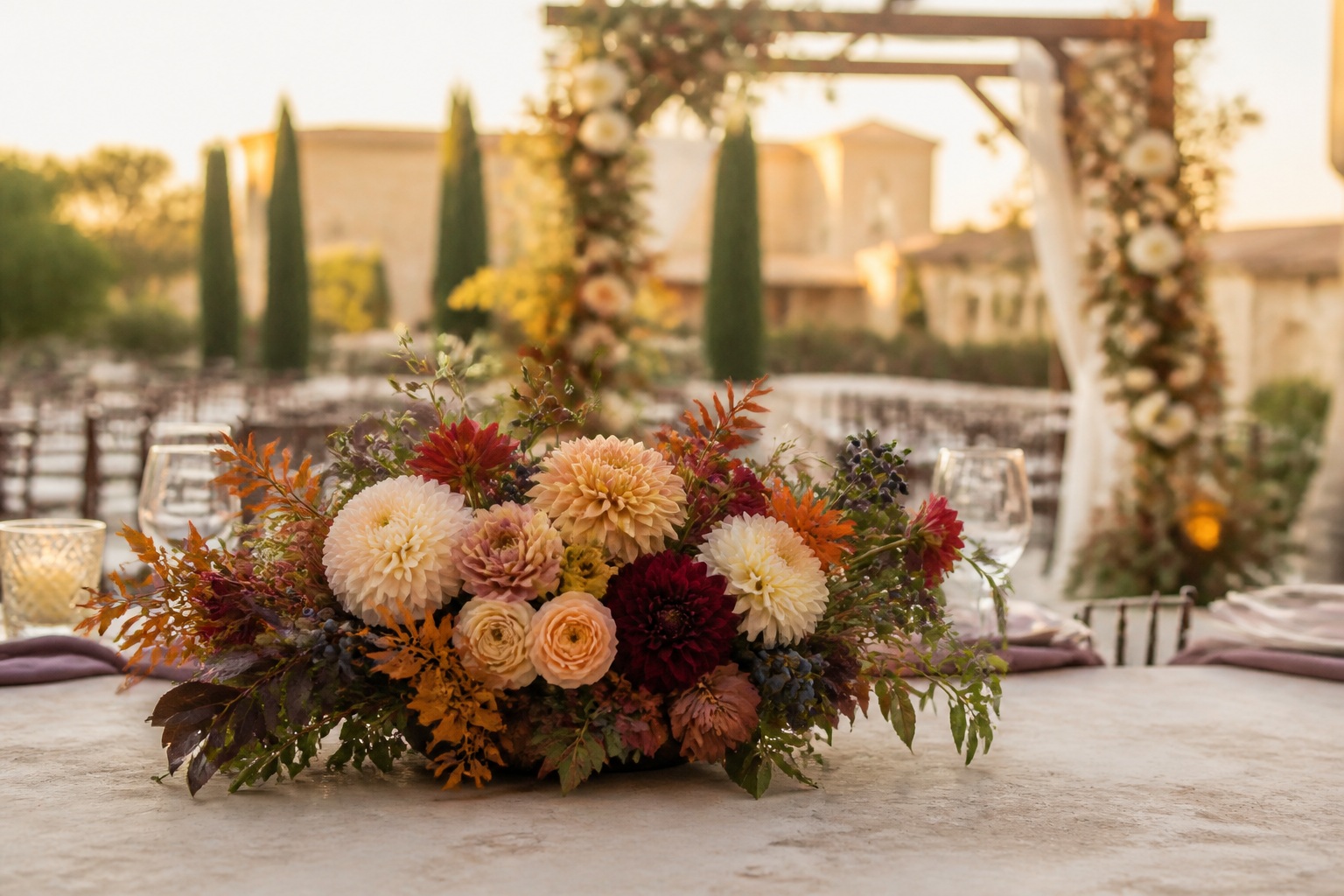 Fall wedding flowers centerpiece with dahlias, roses, chrysanthemums and seasonal foliage