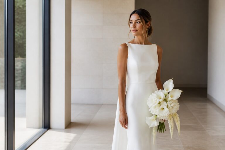 simple bridal dresses ivory gown with sculptural bouquet in a modern venue