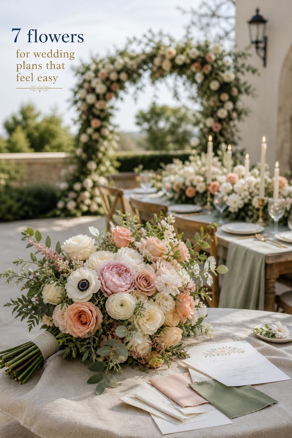 Flowers for wedding guide photo with bridal bouquet, swatches, invitation, and matching arch and tablescape in a sunlit garden