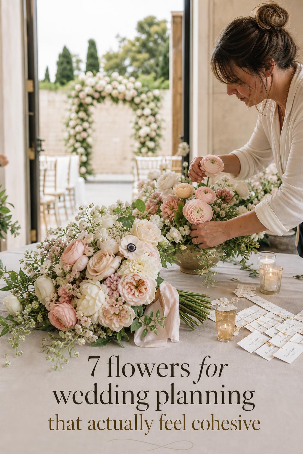 Flowers for wedding setup with bouquet, florist hands adjusting centerpiece, and matching ceremony arch in soft daylight